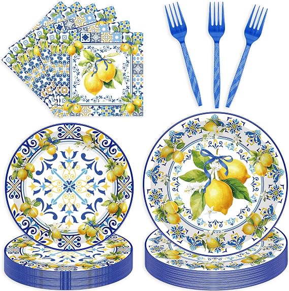 96 Pcs Capri Lemon Disposable Tableware Set for 24 Guests