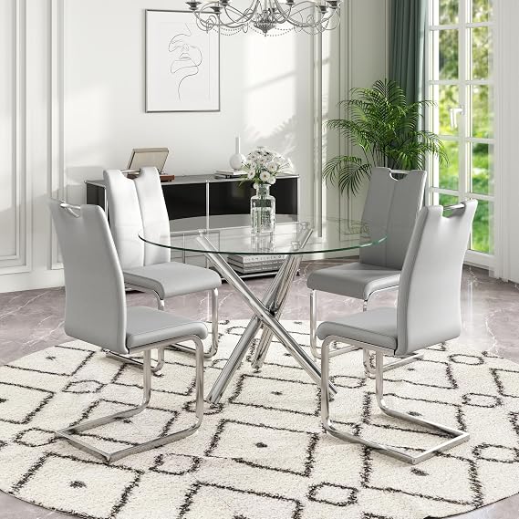 39" Modern Round Glass Dining Table Set for 4, Glass Dining Table with Silver Metal Legs, Kitchen Table with 4 PU Leather Dining Chairs for Apartment, Breakfast Nook(Gray)