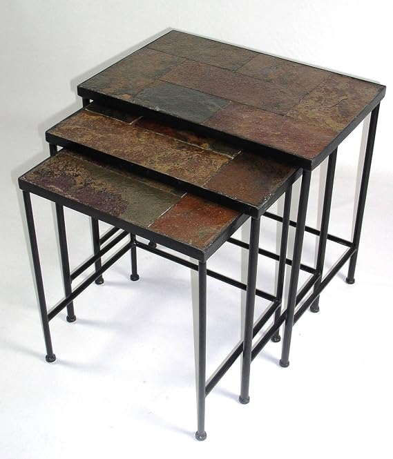 Zhongma Nesting Table Set of 3 End Tables with Slate Table Top Solid Real Stone Side Table Accent Table