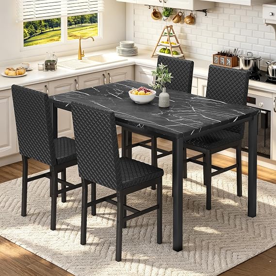 DKLGG Dining Table Set for 4, Faux Marble Kitchen Table with PU Leather Upholstered Dinner Chairs, Small Dining Room Sets for Small Space Apartment Home