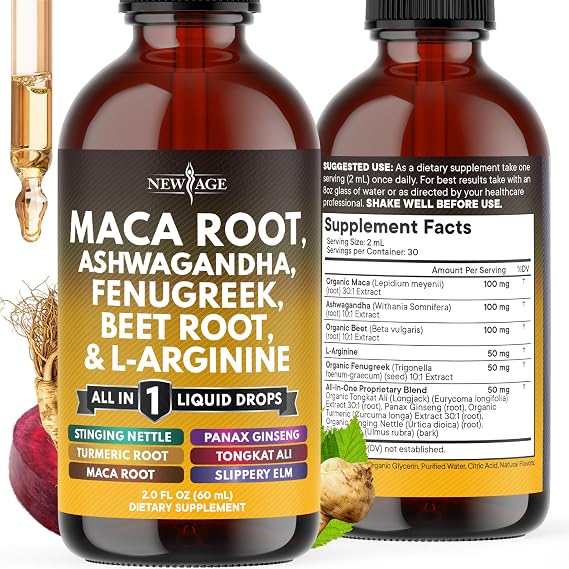NEW AGE Organic Maca Root Liquid Drops with Ashwagandha, Nettle, Fenugreek, Beet Root and L-Arginine Liquid Multivitamin for Women and Men - 2oz