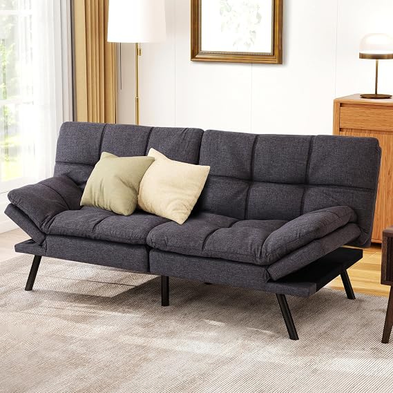 MUUEGM Futon Sofa Bed, 71" Comfortable Memory Foam Futon Sofa with Adjustable Backrest & Armrests, Convertible Loveseat Recliner Sleeper Sofa Bed for Compact Living Room, Apartment, Office, Grey