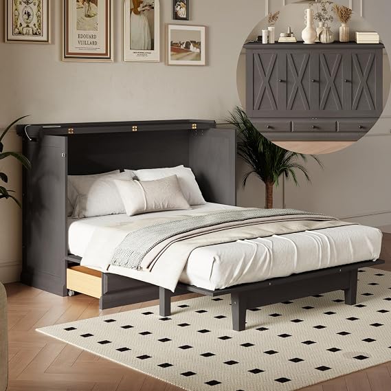 Full Size Murphy Bed Cabinet, Solid Wood Foldable Platform Bed with Charging Station and Large Storage Drawer, Muti-Functional Cabinet Bed for Home Office or Small Room (Gray-14c-Full)