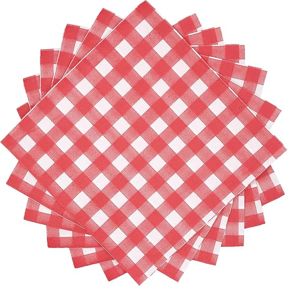 WallyE Red and White Gingham Paper Napkins, Checkered Tartan Plaid Tableware for Garden Barn Picnic or Farm Birthday Party BBQ, 100 Pack