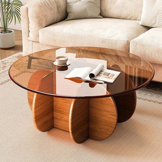 DEYGIA Round Glass Coffee Table,31.5" Modern Coffee Table with Glass Top and Wood Base,Unique Circle Center Table for Living Room, Small Space Coffee Table for Apartment & Office, Walnut/Brown