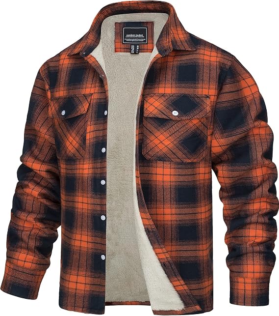 TACVASEN Men's Fleece Flannel Plaid Shirt Jacket Soft Sherpa Lined Cotton Casual Thickened Button Down Coat With Pockets