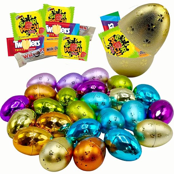 Easter Candy with Fillable Metallic Eggs, Bulk 12 Extra Large Metallic Plastic Fillable Easter Eggs in Assorted Colors, with Mix of Individually Wrapped Candy, For Golden Egg Hunts, Basket Stuffers, Kids Goodie Bag