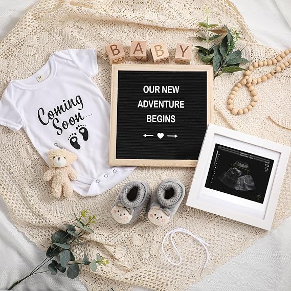 Canlierr 9 Pcs Pregnancy Announcement Set Baby Coming Soon Ideas, Black | Baby Announcement Props Gifts, Includes Letter Board Bodysuit Booties Photo Frame Plush Blocks, for Expecting Parents Sharing