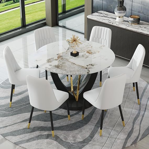 JUFU Round Dining Table Set for 6 with Chairs, 48" Table and Chairs Set of 6 with Marble Pattern Tabletop and PU Upholstered White Seat, Modern 6 Seater Dining Table Set for Dinning Room, Kitchen