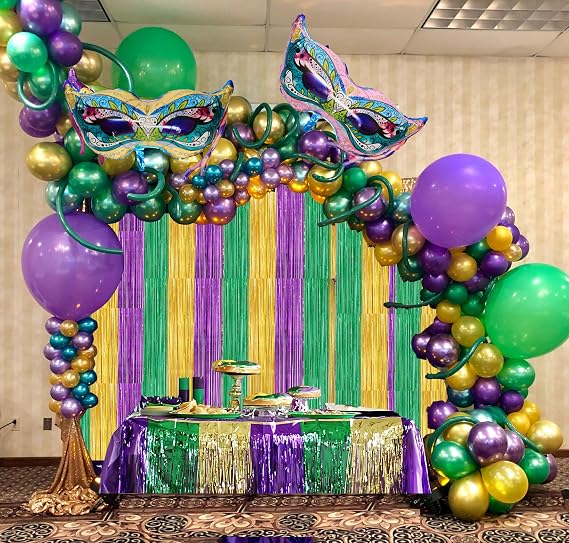 Mardi Gras Balloon Garland Kit,111 PCS metal Purple Green Gold Balloons with Rain Curtains Background large Mardi Mask Balloons Mask Sign Foil Balloons for Mardi Gras Masquerade New Orleans Party