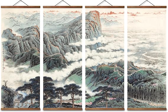 jszip Chinese Great Wall Landscape Scroll - 4-Panel Mountain Scene Canvas Print, Black Walnut Hanging Frame, Grand Historic Wall Art