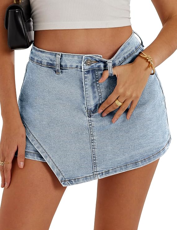 Womens Denim Skort Jean Skirt with Shorts Underneath High Waisted | Mini Skirts for Women with Pockets,Trendy Slit Stretchy,Y2K Skorts,Cute Short,Zipper Fly,SummerCasual