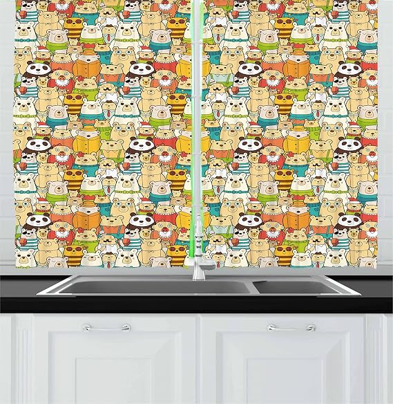 Ambesonne Funny Kitchen Curtains, Many Different Polar Bears Comical Characters Funny Faces Doodle Teddy Crowd, Window Drapes 2 Panel Set for Kitchen Cafe Decor, 55" x 39", Orange Taupe