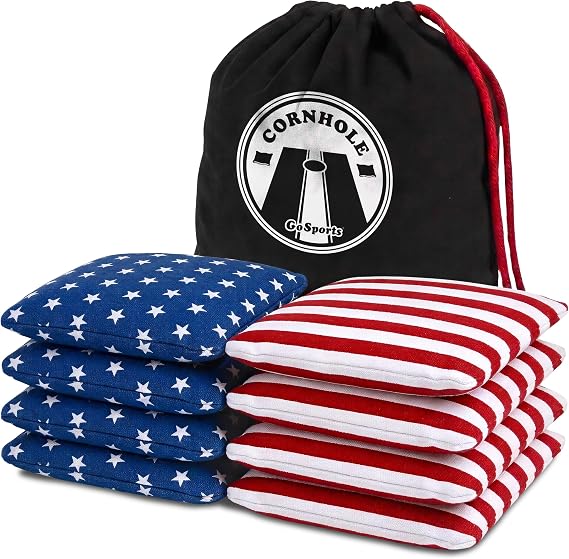 GoSports Official Regulation Cornhole Bean Bags Set of 8 for Competitive Cornhole Games - All Weather - American Stars and Stripes or Red and Blue