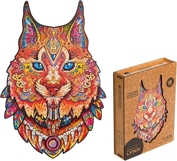 UNIDRAGON Original Wooden Jigsaw Puzzles - Gentle Lynx, 297 pcs, King Size 10.6"x16.1", Beautiful Gift Package, Unique Shape Best Gift for Adults