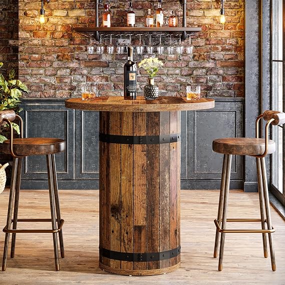 Tribesigns Round Bar Table, 39.4-Inch Bar Height, Bistro Pub Table for Kitchen, Living Room, Small Space, Brown (Only Table)
