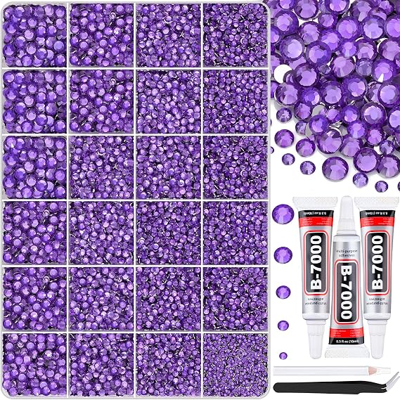 30000Pcs Dark Purple Rhinestones for Bedazzling with B7000 Jewelry Glue, Bedazzler Kit Bulk Flatback Gems, Resin Rhinestones for Crafting Crafts Clothing Shoes Nail Art Assorted Size 2/3/4/5/6mm