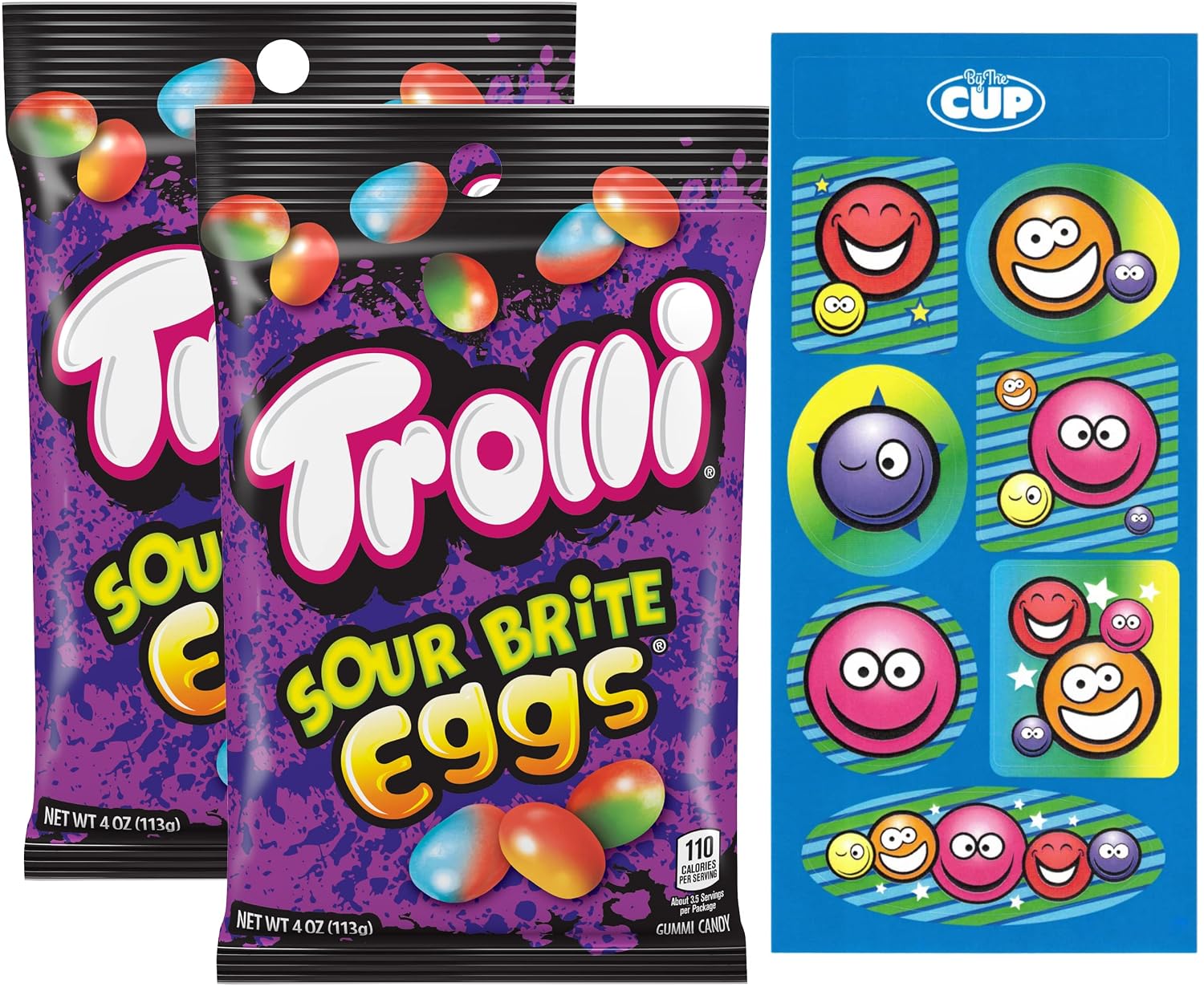 Trolli Sour Brite Eggs Gummi Candy, 4 Ounce Bag Pack of 2 with By The Cup Stickers