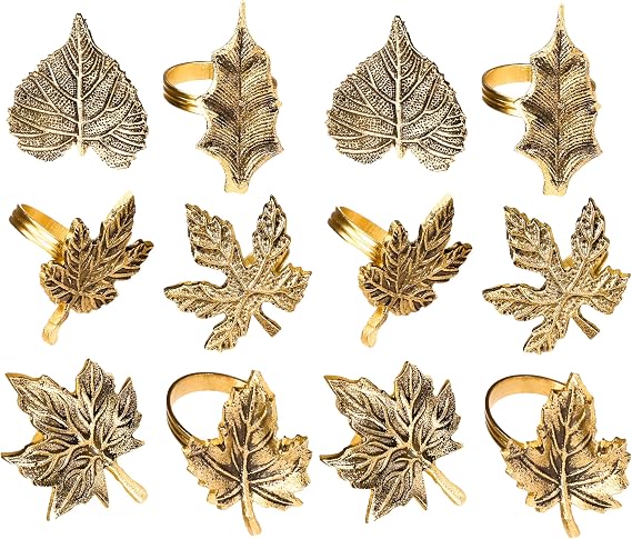 Alpha Living Home Gold Leaf Napkin Rings, Set of 12, Antique Gold