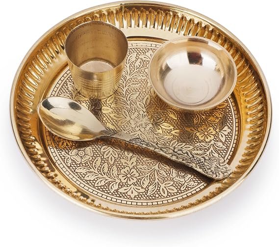 Craftsofindia 4.75 Inch Brass Bhog Thali Set for Kanha Thakur Ji 4-Piece Set (Plate, Katori, Glass, Spoon) with Engraved Floral Design Perfect for Bhog Offering and Puja Rituals