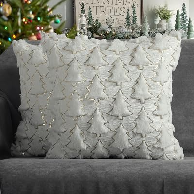 4TH Emotion Christmas Tree Decorative Pillow Covers 20x20 Set of 2, White Soft Plush Faux Fur Farmhouse Throw Cushion Cases for Xmas Winter Holiday Home Decorations