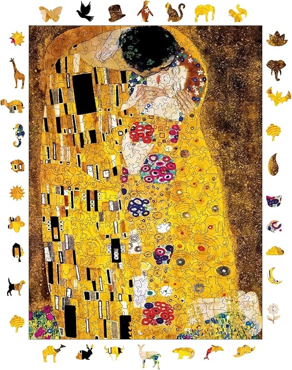 Ahşap Puzzle Yetişkin - Gustav Klimt Öpücük - 450 Parça, 29 x 39 cm - Yapıştırıcı Folyo Dahil - Benzersiz Şekilli Parçalar & Özel Figürler - R1-09
