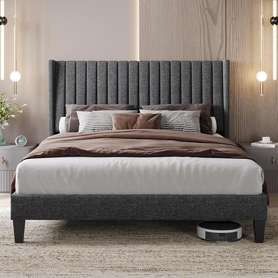 Yaheetech Queen Size Bed Frame, Upholstered Platform Bed with Wing Edge Channel Headboard, Square Tufted Fabric/Mattress Foundation/Wooden Slats Support/No Box Spring Needed/Easy Assembly/Dark Gray