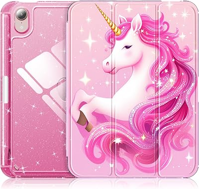 INFILAND for iPad mini 7 Case A17 Pro, iPad mini 7th  6th Generation Case 20242021 8.3 Inch, Glitter Cute Protective Cover with Clear Sparkle Back for Kids Girls Pink Unicorn Dream