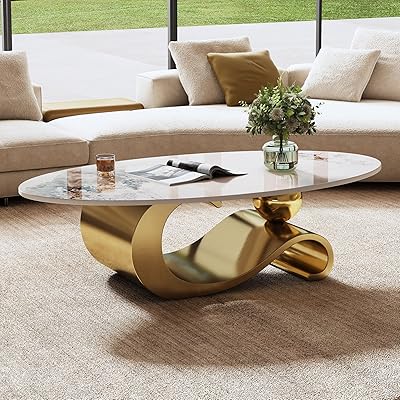 Modern Oval Coffee Table Sintered Stone Center Table for Living Room Office, 49.2 x 26.8 inch White Faux Marble Top, High Gloss Golden Stainless Steel Base, Luxury Imitation Marble Cocktail Table