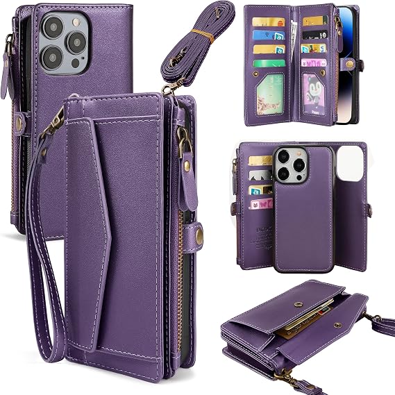 Wallet Case Compatible with iPhone 16 Pro Max 6.9", Support Wireless Charging with RFID Blocking Card Holder, PU Leather Wallet Detachable Magnetic Phone Case Crossbody Strap, Purple
