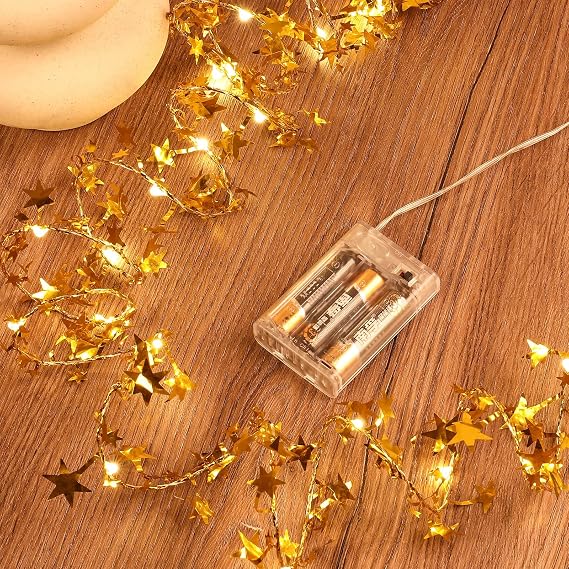 Gold Star Fairy Lights Battery Operated, 1 Pack Mini Battery Powered Silver Wire whit PVC Stars Led Starry String Lights Firefly Lights for Bedroom, Christmas, Parties, Decoration (5m/16ft Warm White)