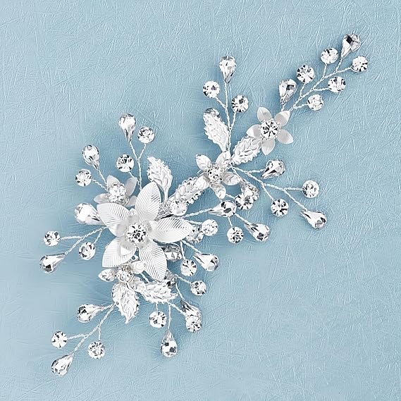 Refined Handmade Flower Bridal Hair Pins, Silver Wedding Hair Clips for Women, Decorative Hair Accessories for Bride and Formal Events, 2.36" x 5.12" (Silver)