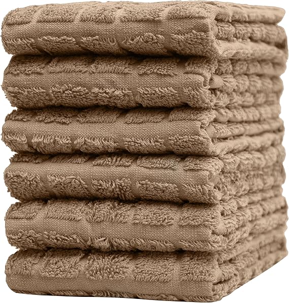 Pleasant Home Kitchen Towels (16x 26, 6 Pack) Large Cotton Kitchen Hand Towels Big Check Design 400 GSM Highly Absorbent Tea Towels Set (Tan)