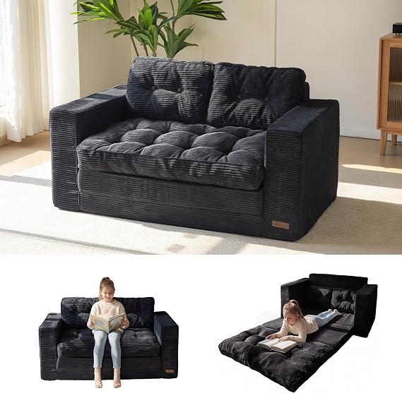 MAXYOYO Convertible Sofa Bed, Pull Out Loveseat Sofa Couch, 2 in 1 Folding Couch Bed, Fold Out Floor Couch with Pillows for Living Room Bedroom Lounge, Black