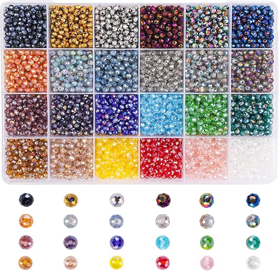Suhome 4800pcs 24 Colors 4mm Electroplated Crystal Glass Beads, Briolette Faceted Rondelle Shape Spacer Beads Assortments for DIY Craft Bracelet Earring Necklace Jewelry Making