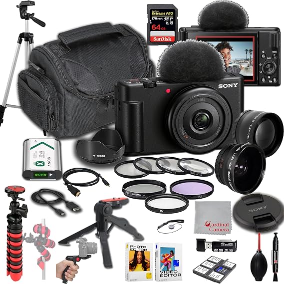 Sony ZV-1F Vlog Camera | 20.1MP | 64GB Extreme Speed Memory, .43 Wide Angle & 2X Lens, Case Tripod, Filter, Hood, Grip, Editing Software Kit - Deluxe Bundle, Compact, Black