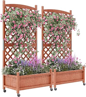 2PCS Planter Box with Trellis - 61x26x30 Raised Garden Bed with Diamond Lattice Trellis & Wheels, Privacy Planters for Patio, Wood Outdoor Planter with Drainage Holes for Climbing Plants, Flowers