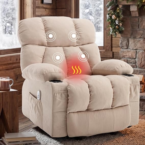 Massage Rocking Recliner Chair, Ergonomic Recliners Sofa with Vibration Massage & Heat, Rocking Chair Nursery Chair for Living Room Lounge with 4 Pockets, 2 Cup Holders, USB Charge Port, Beige