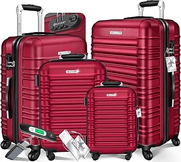 KESSER Set of 4 Hard Shell Suitcases, Hard Shell Suitcase, Trolley Suitcase Incl. Suitcase Scales + Luggage Tag, Suitcase with Wheels, Lock, 4 ABS Hard Cases, S-M-L-XL, Burgundy, 50 x 32 x 75 cm