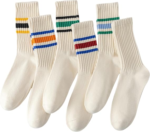 6 Pairs Of Neutral Crew Socks, Striped Retro Sports Calf Leather Socks, Casual Cotton Socks For Men & Women(7-15)