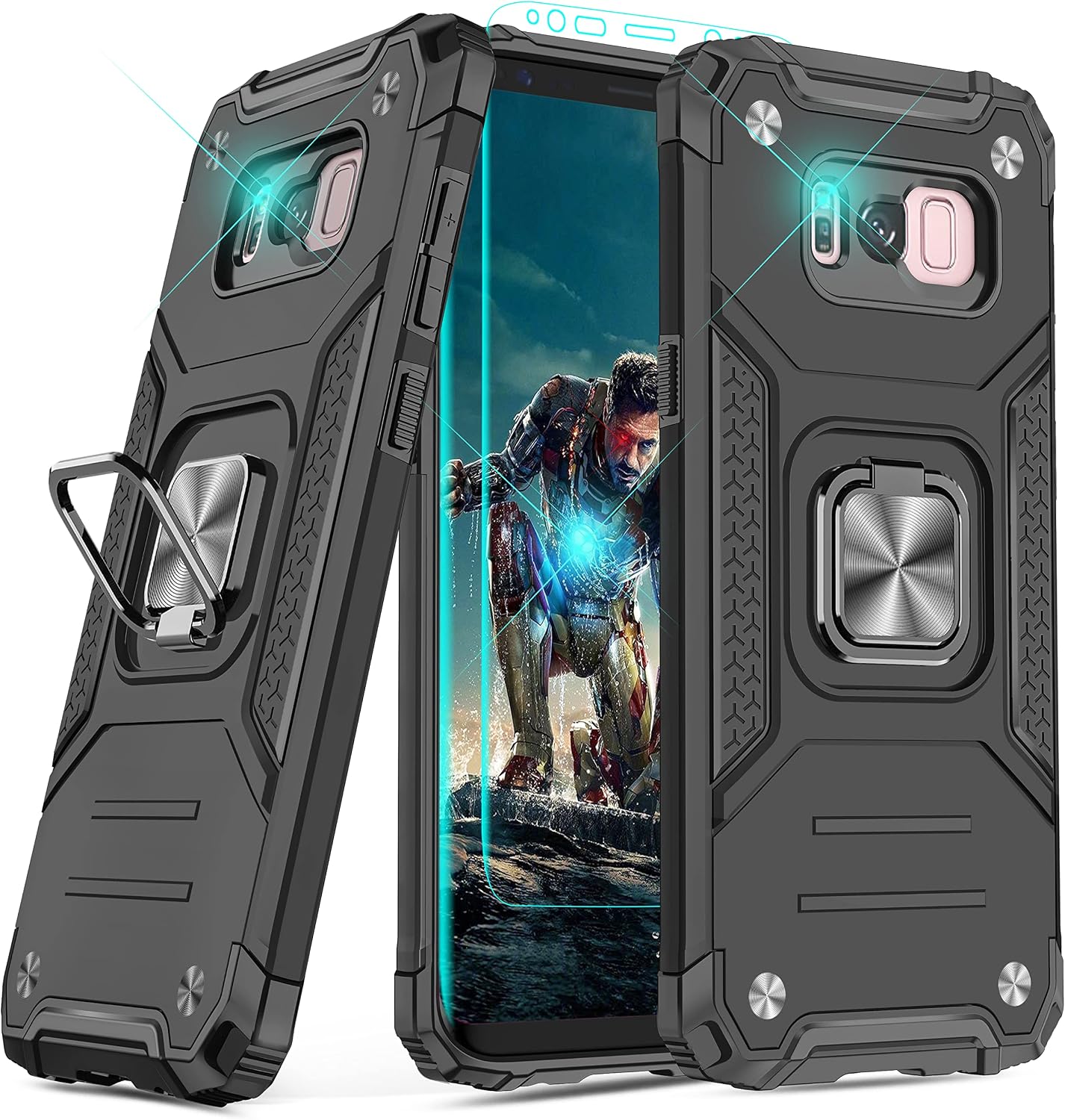 YmhxcY Galaxy S8 Armor Grade Case with Rotating Holder Kickstand Non-Slip Hybrid Rugged Phone Case - HD Screen Protector - KK Black