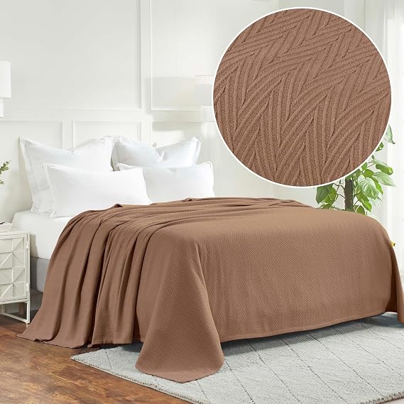 Superior Cotton All-Season Premium Thermal Blanket- Taupe Woven Reversible Ultra-Soft and Warm Herringbone Blanket for Bed/Couch, King, 108" x 90" - Hroo Collection 100% Cotton Blanket for Bed