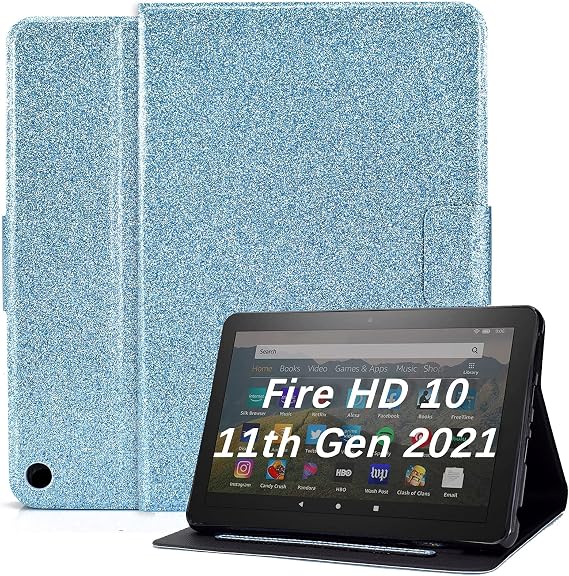 Glitter Case for Fire HD 10 (13th/11th Generation, 2023/2021), Techcircle PU Leather Smart Folding Stand Silicone Back Cover Auto Wake/Sleep Protective Case, Blue