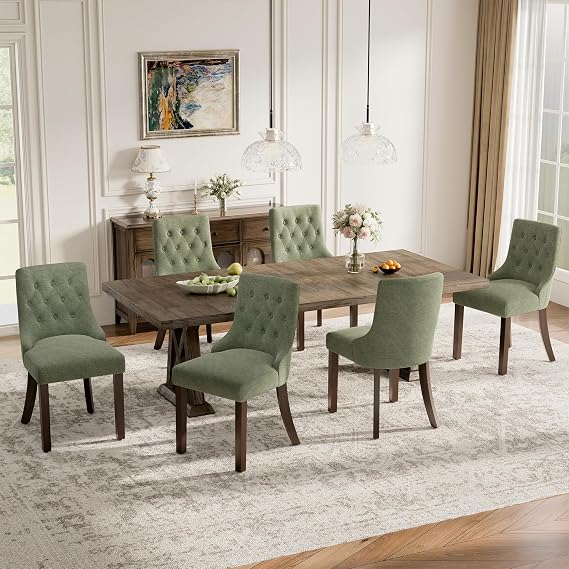Upholstered Dining Chairs Set of 6, Wingback Dining Room Chairs with Tufted Button, Fabric Dining Chairs with Solid Wood Legs for Dining Room, Kitchen, Apartment,Green