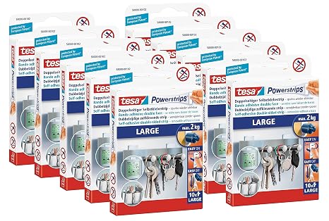 Tesa Powerstrips large Strips for up to 2 kg, Pack of 10 Strips