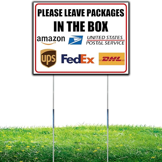 Package Drop-Off Yard Sign, 16 x 12 in Weather Resistant Delivery Instruction Sign, Corrugated Plastic Outdoor Sign with Lawn Posts for Home Porch Yard