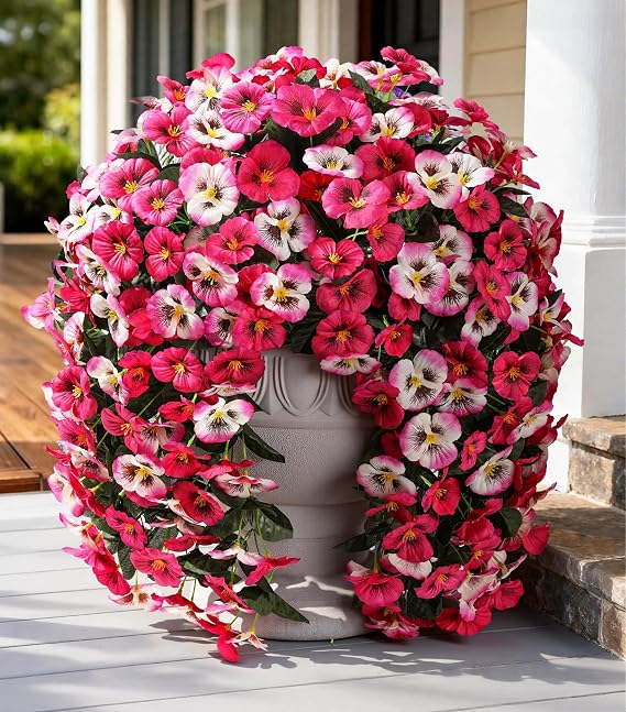 HyeFlora Artificial Flowers for Outdoors, 2pcs Faux Silk Pansies Flowers UV Resistant Fake Hanging Flower Plants for Outside Planters Porch Yard Patio Window Box (Mix Rose)