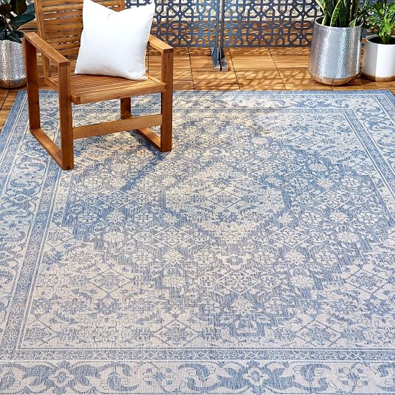 Nicole Miller New York Patio Country Dahlia Transitional Medallion Indoor/Outdoor Area Rug, Blue/Grey, 5'2"x7'2"