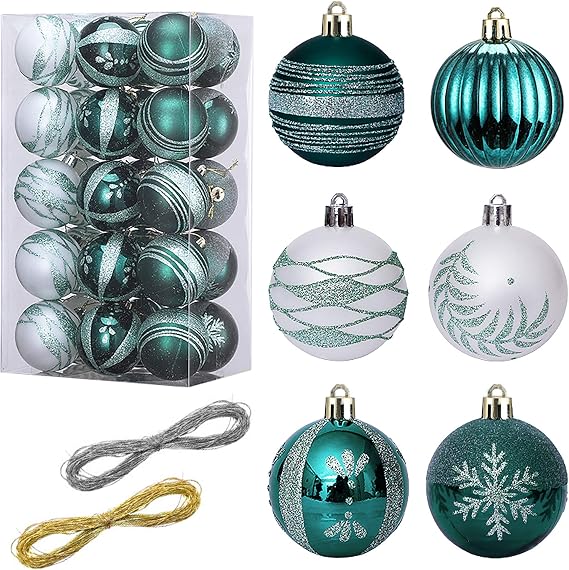 LessMo 30Pcs Green Christmas Balls Ornaments for Christmas Tree, 6cm/2.37" Shatterproof Painting & Glittering Plastic Hanging Decorations Balls Baubles Set for Holiday Wedding Party Decor