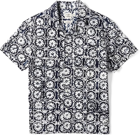 Huckberry Flint and Tinder Block Print Camp Collar Shirt, Hand Printed in India, Artisenal Mens Button Down Polo Shirt, Indigo Mandala, X-Large